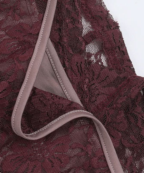 Sultry Fall Nights: Deep Burgundy Lace Cutout Bodysuit & Maxi Skirt Set