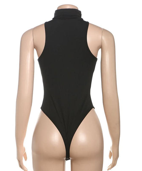 Chic Black High-Neck Sleeveless Bodysuit with O-Ring Detail – Your Fall Fashion Essential
