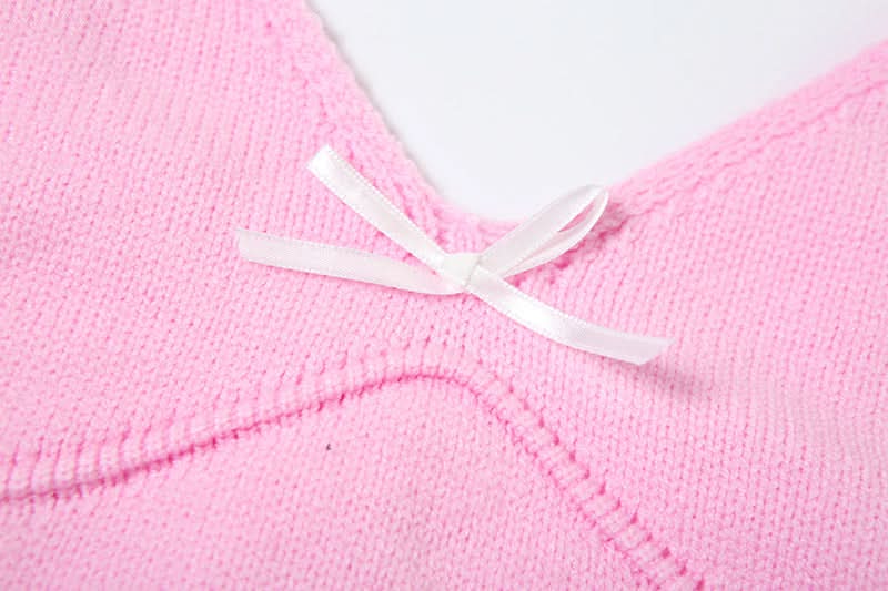 Dreamy Coquette Pink Knit Set: Bow Cami Crop Top & Pleated Mini Skirt (Perfect for Fall Styling!)