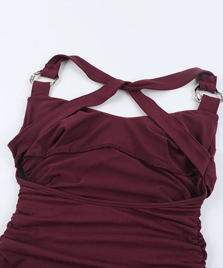 Elegant Burgundy Ruched Cowl Neck Maxi Dress | Chic Cross-Back Formal Gown for Fall & Holidays