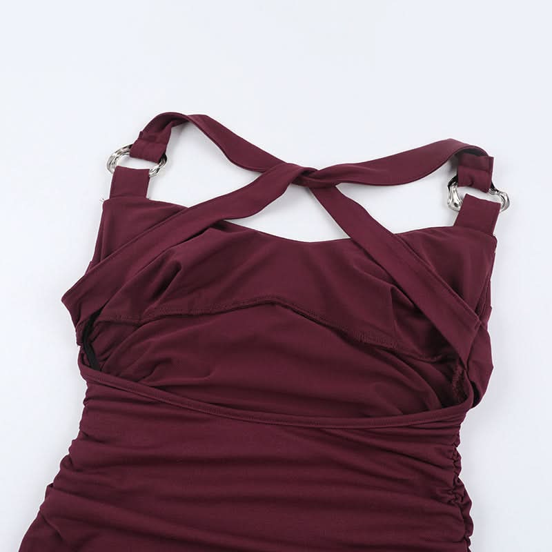 Elegant Burgundy Ruched Cowl Neck Maxi Dress | Chic Cross-Back Formal Gown for Fall & Holidays