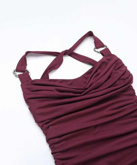 Elegant Burgundy Ruched Cowl Neck Maxi Dress | Chic Cross-Back Formal Gown for Fall & Holidays