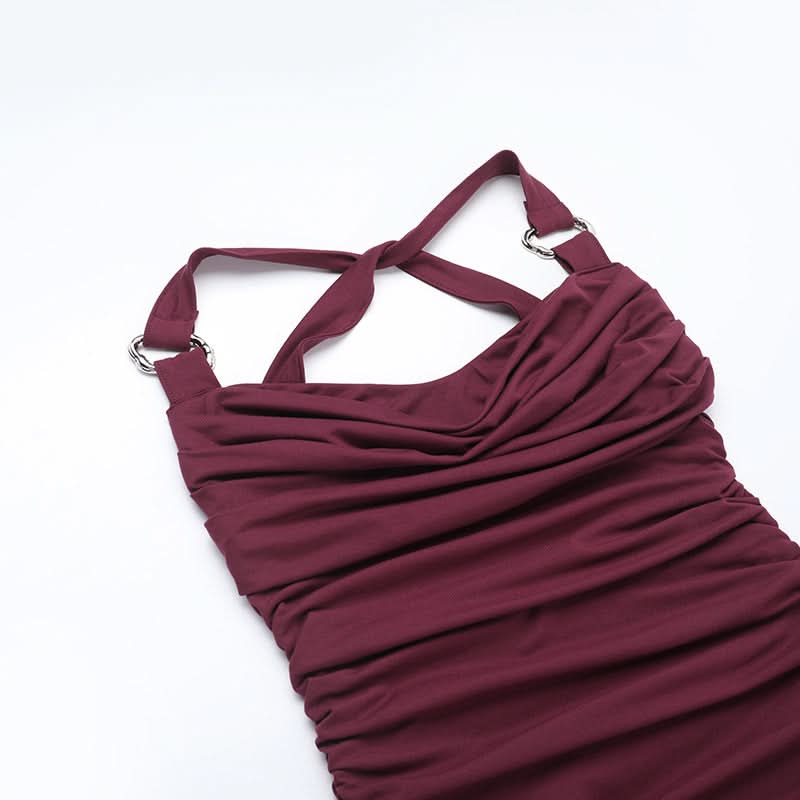 Elegant Burgundy Ruched Cowl Neck Maxi Dress | Chic Cross-Back Formal Gown for Fall & Holidays