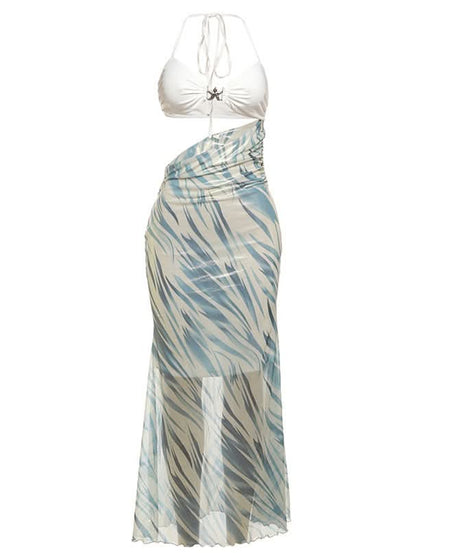 Fall Glam: Metallic Swirl Halter Cut-Out Maxi Dress - Head-Turning Event Style