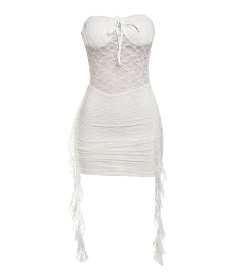 Angelic Allure White Lace Ruched Mini Dress - Halloween Ready & Holiday Party Perfect
