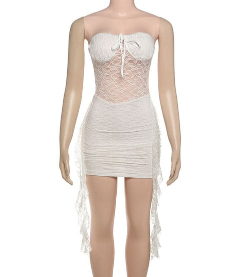 Angelic Allure White Lace Ruched Mini Dress - Halloween Ready & Holiday Party Perfect