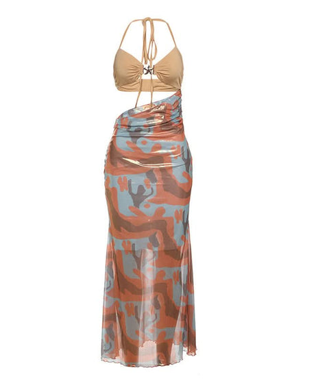 Fall Glam: Metallic Swirl Halter Cut-Out Maxi Dress - Head-Turning Event Style