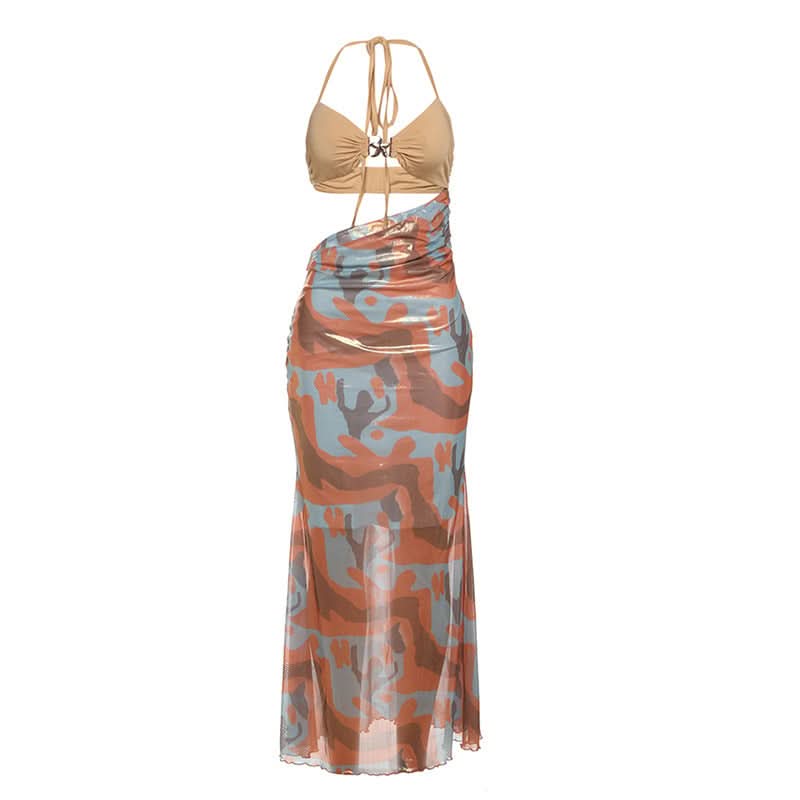 Fall Glam: Metallic Swirl Halter Cut-Out Maxi Dress - Head-Turning Event Style