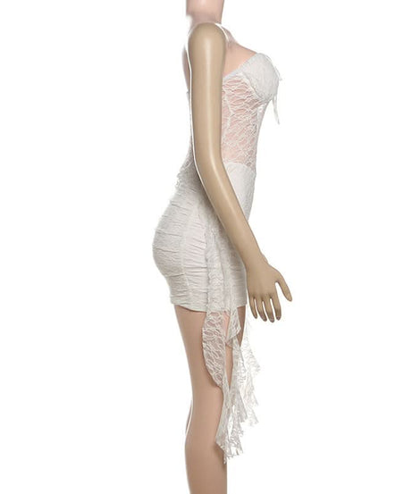 Angelic Allure White Lace Ruched Mini Dress - Halloween Ready & Holiday Party Perfect