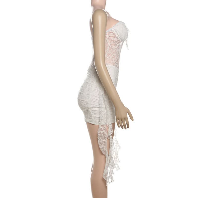Angelic Allure White Lace Ruched Mini Dress - Halloween Ready & Holiday Party Perfect