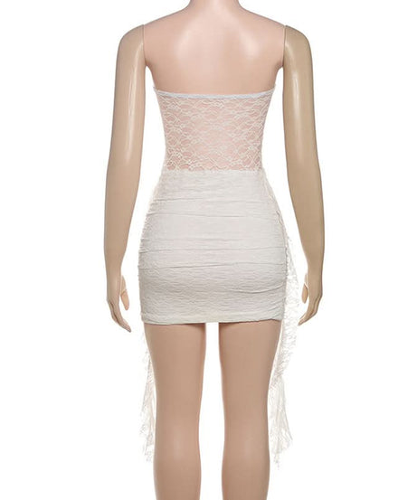 Angelic Allure White Lace Ruched Mini Dress - Halloween Ready & Holiday Party Perfect