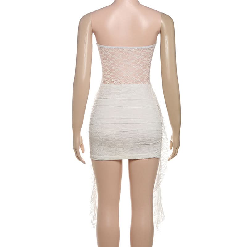 Angelic Allure White Lace Ruched Mini Dress - Halloween Ready & Holiday Party Perfect