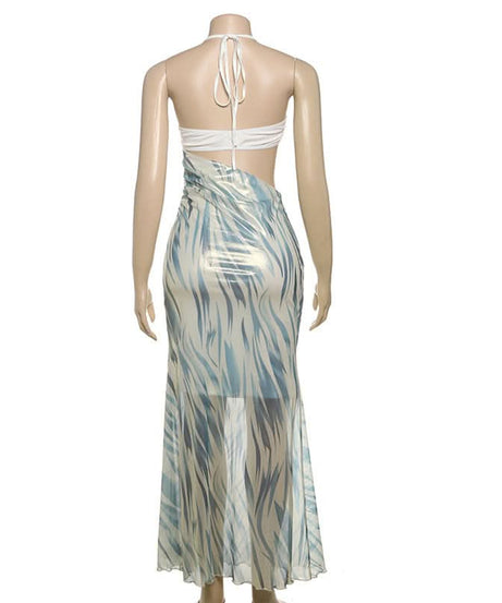 Fall Glam: Metallic Swirl Halter Cut-Out Maxi Dress - Head-Turning Event Style