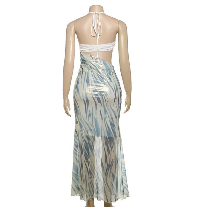 Fall Glam: Metallic Swirl Halter Cut-Out Maxi Dress - Head-Turning Event Style