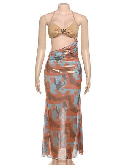 Fall Glam: Metallic Swirl Halter Cut-Out Maxi Dress - Head-Turning Event Style