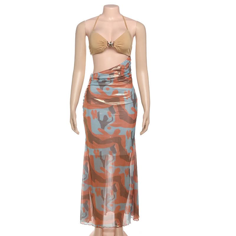 Fall Glam: Metallic Swirl Halter Cut-Out Maxi Dress - Head-Turning Event Style