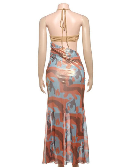 Fall Glam: Metallic Swirl Halter Cut-Out Maxi Dress - Head-Turning Event Style