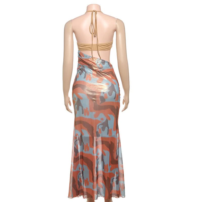 Fall Glam: Metallic Swirl Halter Cut-Out Maxi Dress - Head-Turning Event Style