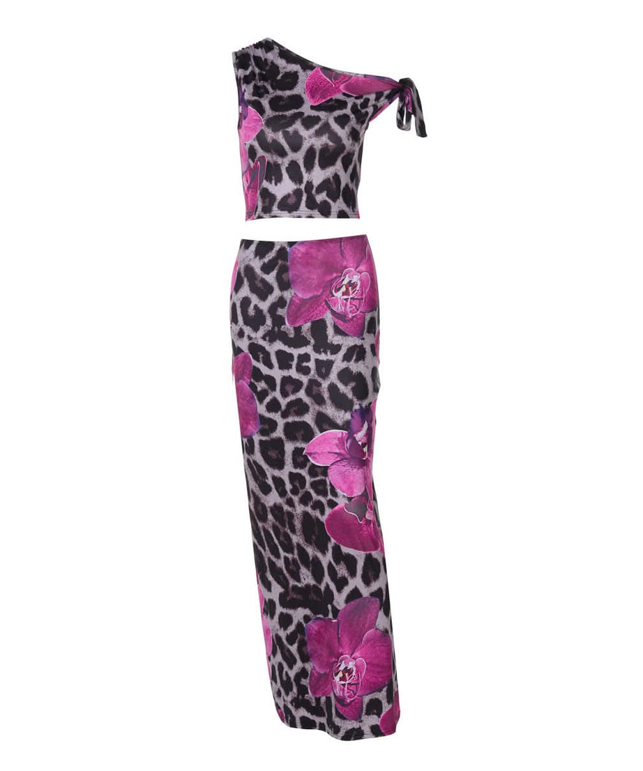 Wild Orchid Leopard Print Maxi Set | One-Shoulder Crop Top & Skirt for Fall Escapes