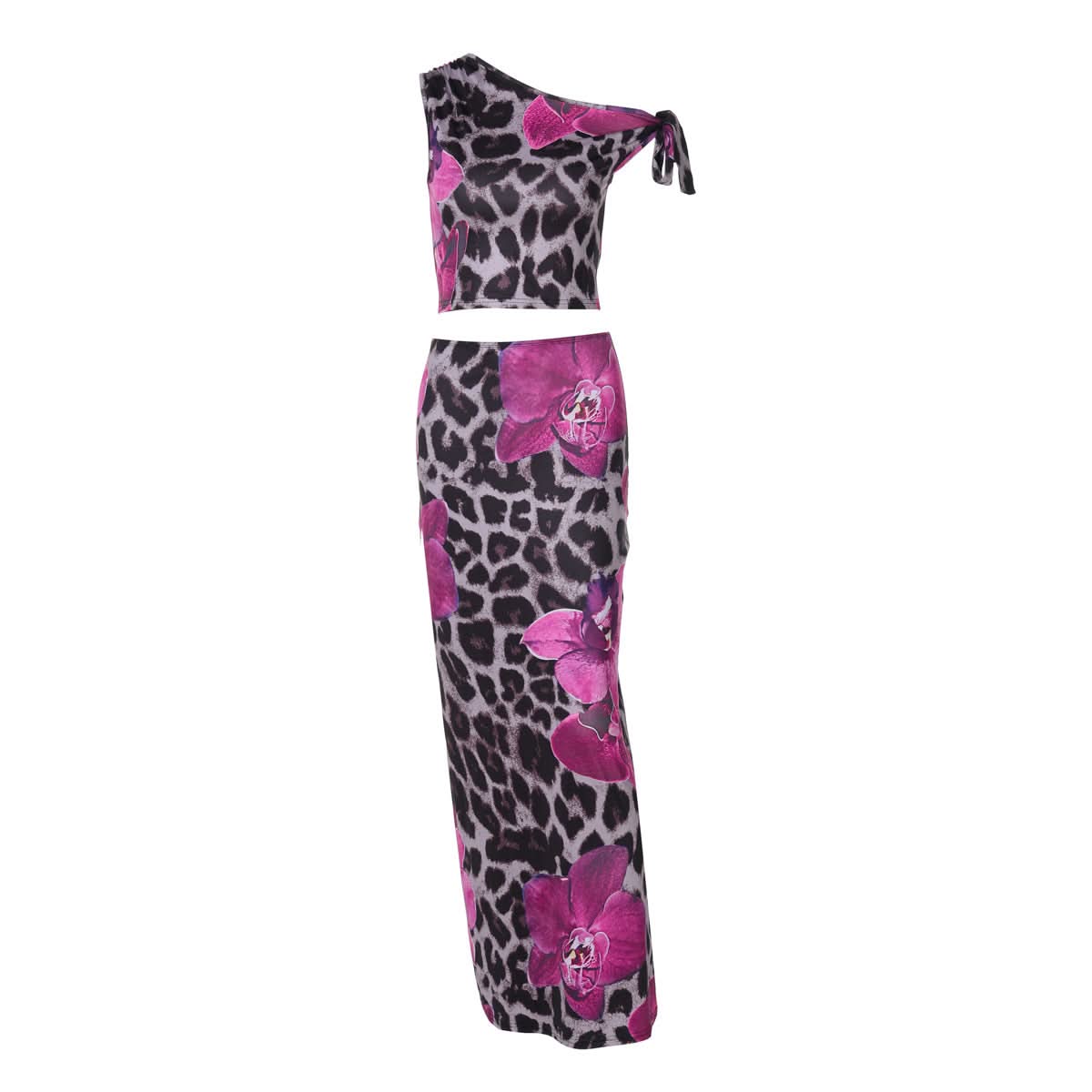 Wild Orchid Leopard Print Maxi Set | One-Shoulder Crop Top & Skirt for Fall Escapes