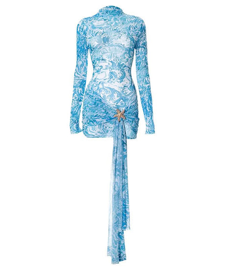 Ocean Dream Starfish Mesh Mini Dress | High Neck Long Sleeve Resort & Party Chic