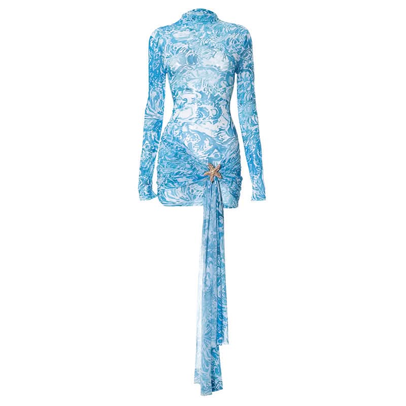 Ocean Dream Starfish Mesh Mini Dress | High Neck Long Sleeve Resort & Party Chic