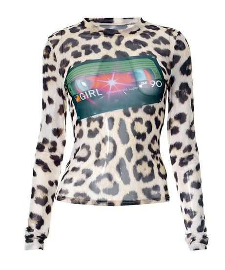 90s Girl Retro Cassette Leopard Print Mesh Top - Fall's Must-Have Long Sleeve