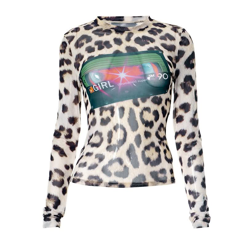 90s Girl Retro Cassette Leopard Print Mesh Top - Fall's Must-Have Long Sleeve