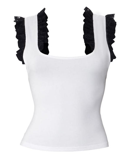 Fall Chic Square Neck Tank Top with Elegant Black Ruffle Lace Details