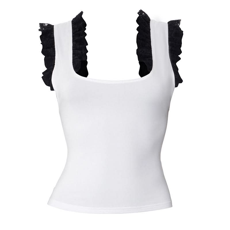 Fall Chic Square Neck Tank Top with Elegant Black Ruffle Lace Details