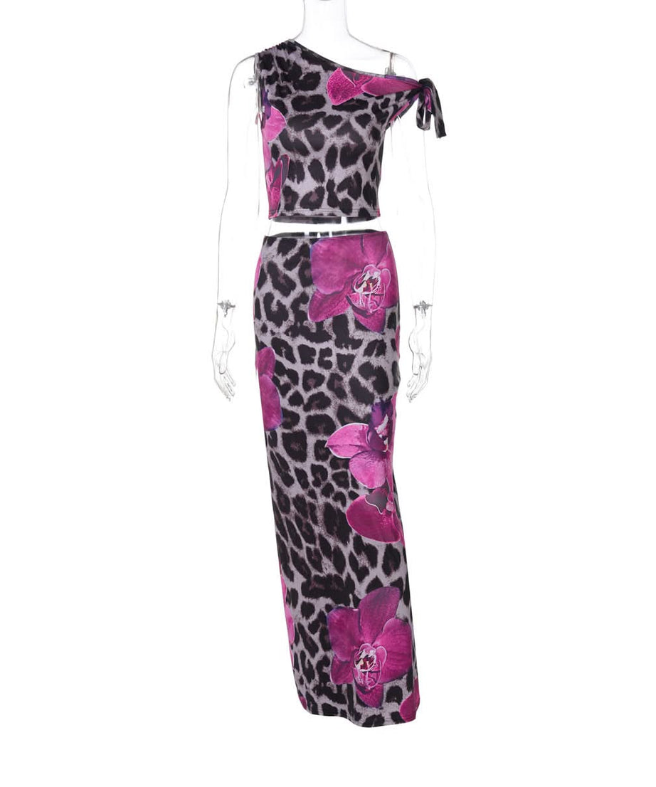 Wild Orchid Leopard Print Maxi Set | One-Shoulder Crop Top & Skirt for Fall Escapes