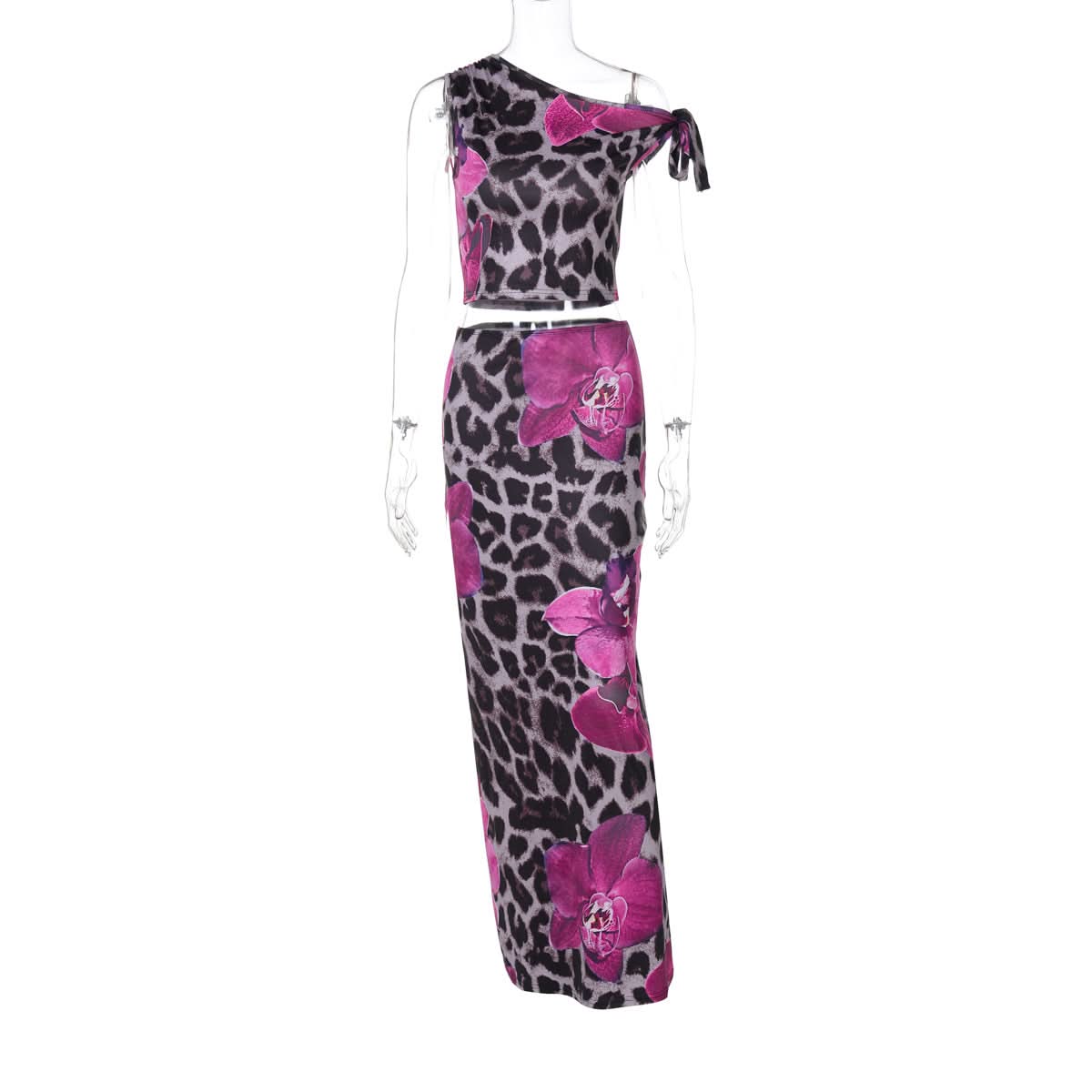 Wild Orchid Leopard Print Maxi Set | One-Shoulder Crop Top & Skirt for Fall Escapes