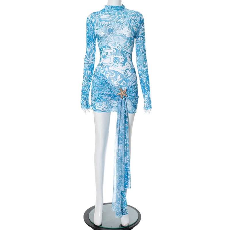 Ocean Dream Starfish Mesh Mini Dress | High Neck Long Sleeve Resort & Party Chic