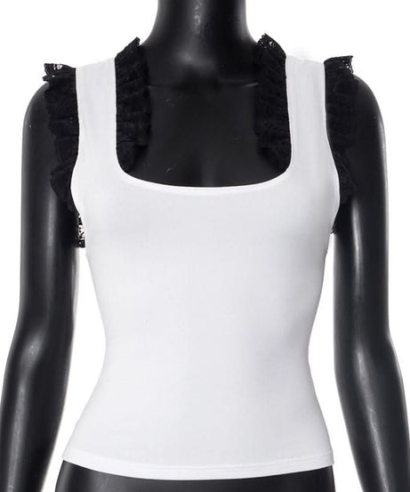 Fall Chic Square Neck Tank Top with Elegant Black Ruffle Lace Details