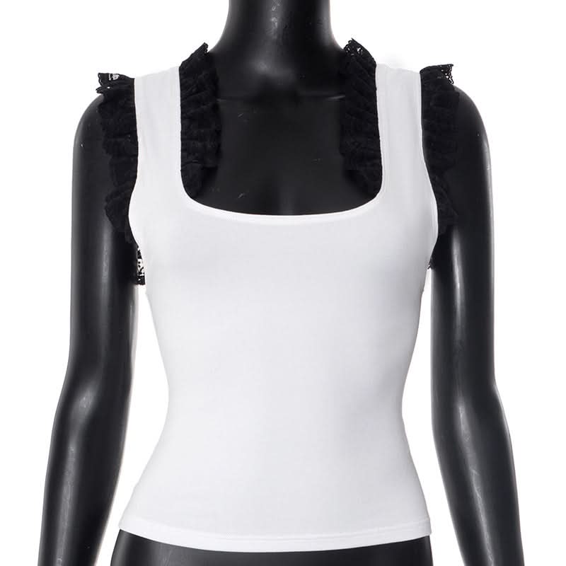 Fall Chic Square Neck Tank Top with Elegant Black Ruffle Lace Details