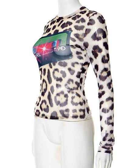 90s Girl Retro Cassette Leopard Print Mesh Top - Fall's Must-Have Long Sleeve