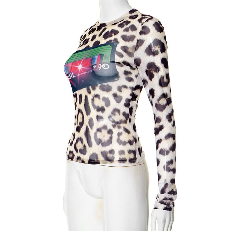 90s Girl Retro Cassette Leopard Print Mesh Top - Fall's Must-Have Long Sleeve