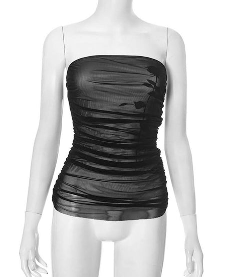 Midnight Bloom Mesh Ruched Tube Top - Your Fall Going Out Essential