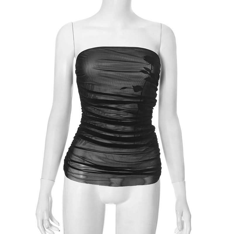 Midnight Bloom Mesh Ruched Tube Top - Your Fall Going Out Essential