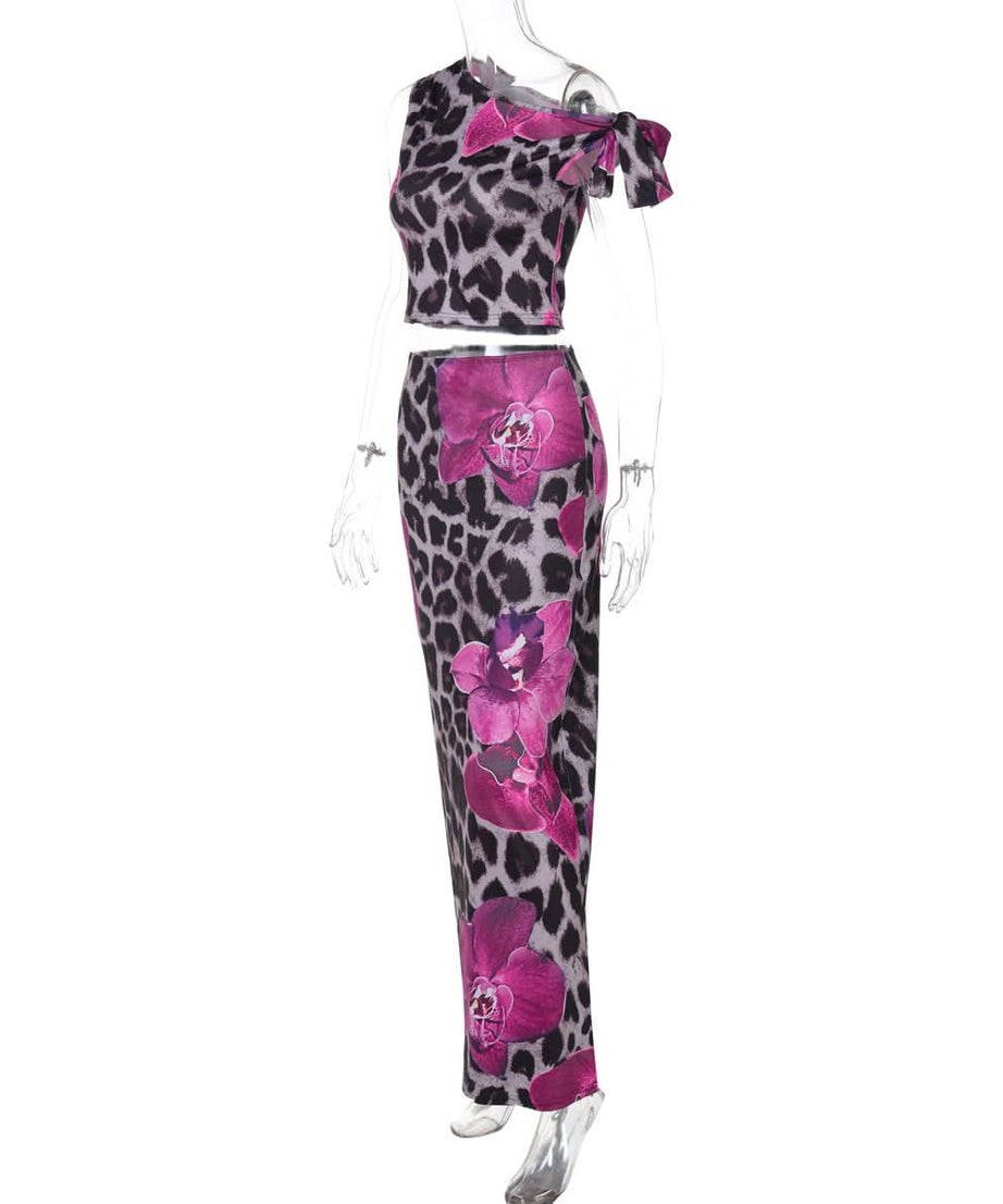 Wild Orchid Leopard Print Maxi Set | One-Shoulder Crop Top & Skirt for Fall Escapes