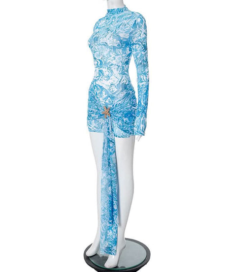 Ocean Dream Starfish Mesh Mini Dress | High Neck Long Sleeve Resort & Party Chic