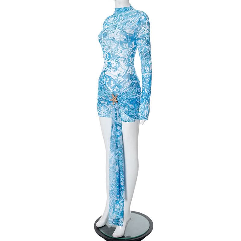 Ocean Dream Starfish Mesh Mini Dress | High Neck Long Sleeve Resort & Party Chic