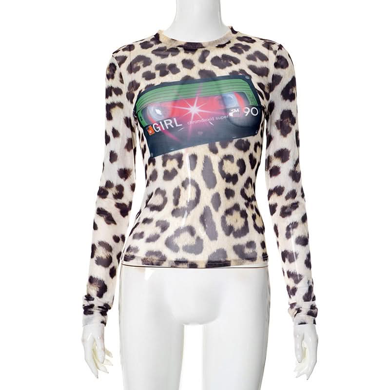 90s Girl Retro Cassette Leopard Print Mesh Top - Fall's Must-Have Long Sleeve