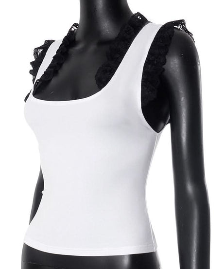 Fall Chic Square Neck Tank Top with Elegant Black Ruffle Lace Details