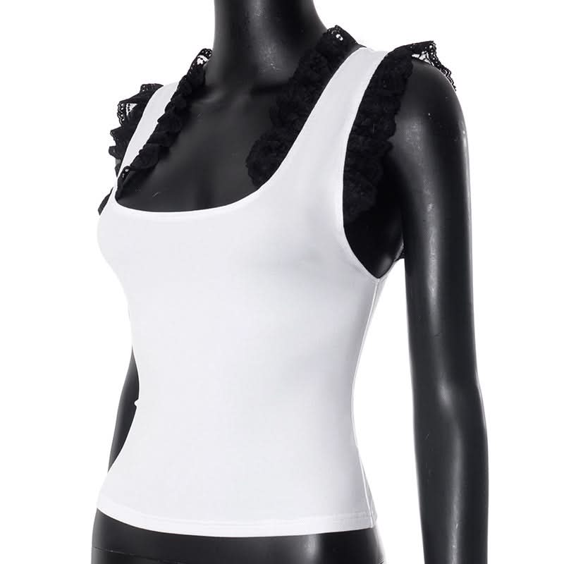 Fall Chic Square Neck Tank Top with Elegant Black Ruffle Lace Details