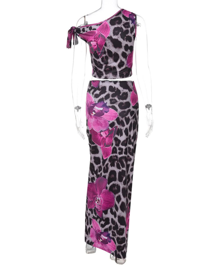 Wild Orchid Leopard Print Maxi Set | One-Shoulder Crop Top & Skirt for Fall Escapes