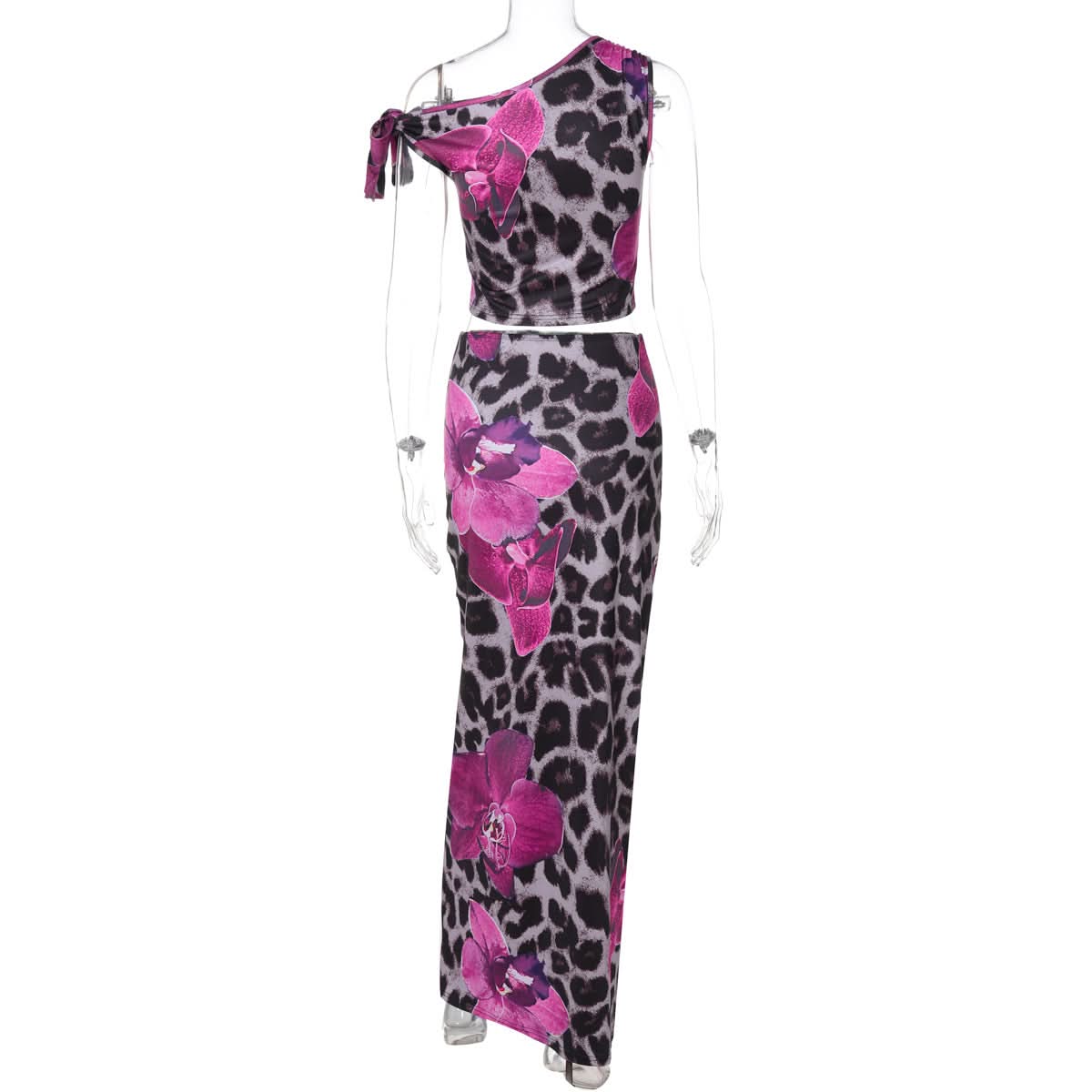 Wild Orchid Leopard Print Maxi Set | One-Shoulder Crop Top & Skirt for Fall Escapes