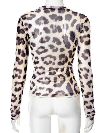 90s Girl Retro Cassette Leopard Print Mesh Top - Fall's Must-Have Long Sleeve