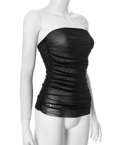 Midnight Bloom Mesh Ruched Tube Top - Your Fall Going Out Essential