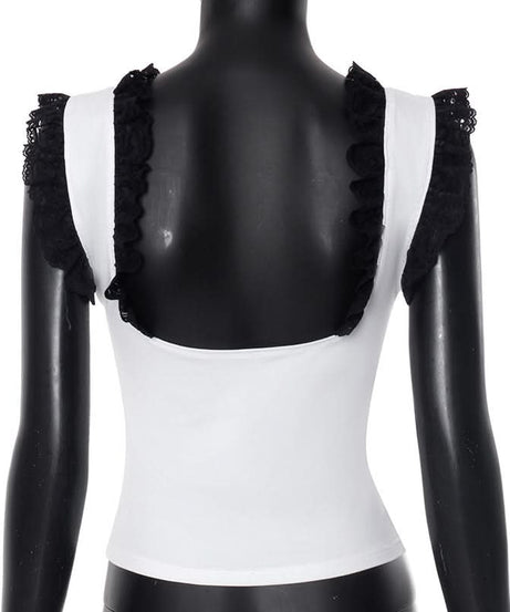 Fall Chic Square Neck Tank Top with Elegant Black Ruffle Lace Details